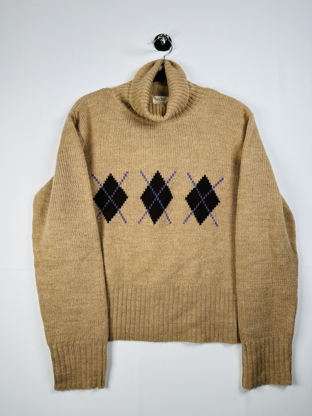 Part Two Tan Argyle Wool Blend Sweater Size L/XL